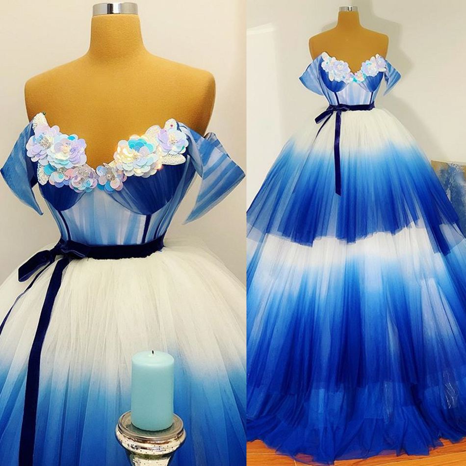 Ombre Blue 2021 Evening Dresses Off The Shoulder 3D Floral Appliqued Beads Prom Dresses Tulle Formal Party Second Reception Gowns