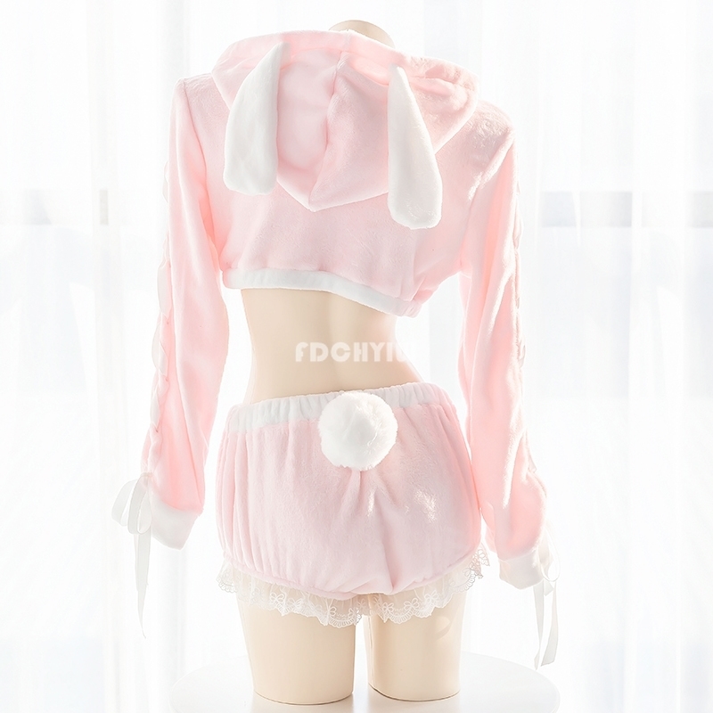 Japanese Lolita Sweet Girl Pajamas Set Kawaii Cat Paw Sexy Bunny Plush Homewear Pink Cropped Hoodies Rabbit Sleepwear 201114