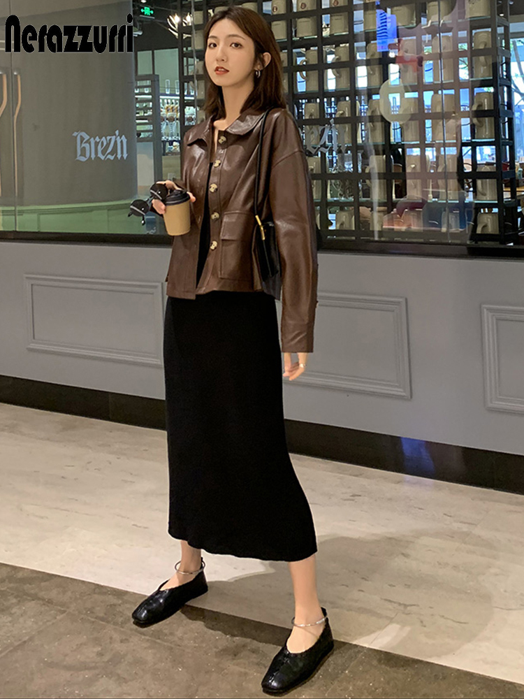 Nerazzurri Short brown leather jacket women long sleeve drop shoulder Plus size faux leather jackets for women Spring shirt 201020