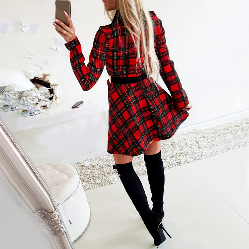 Christmas Dress For Women Winter Xmas Red Plaid Dress Long Sleeve Scottish Plaid Slim Dress Plaid Mini Party Dresses D30 201125