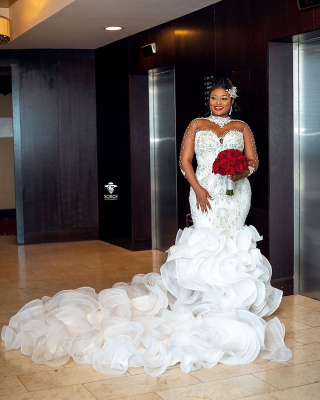 plus size aso ebi bridal gown with beadwork crystals luxurious lace wedding dress