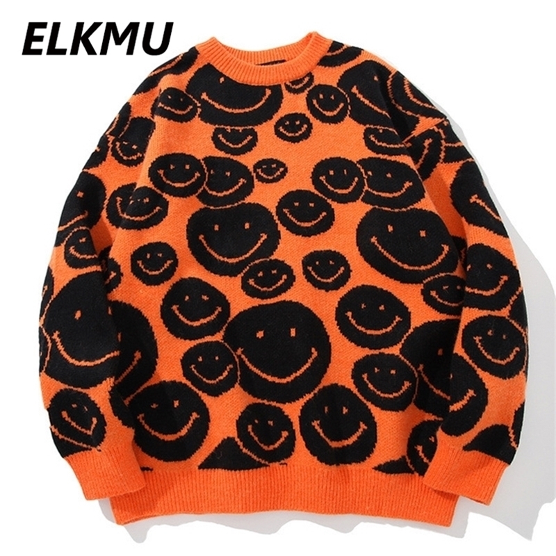 ELKMU Smile Face Printed Knitted Sweaters Winter Harajuku Casual Knitwear Jumper Sweater Hip Hop Streetwear Men Tops WE051 201221