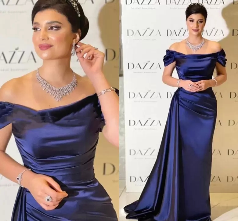 Elegant Purple Celebrity Evening Dresses Party Wear Train Simple Boat Neck Short Sleeve Satin Prom Gowns For Women Off Shoulder Vestidos De Noche