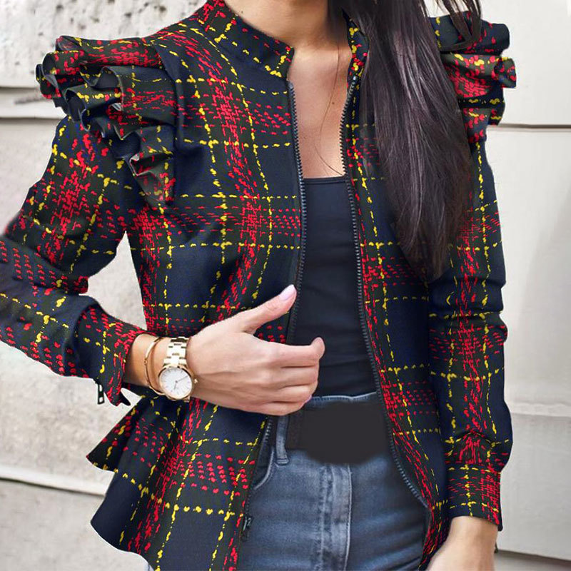 Autumn Camouflage Print Ruffled Jackets Women Slim O-neck Ruffles Elegant Jacket Female Winter Fashion Casual Ladies Coats 201007