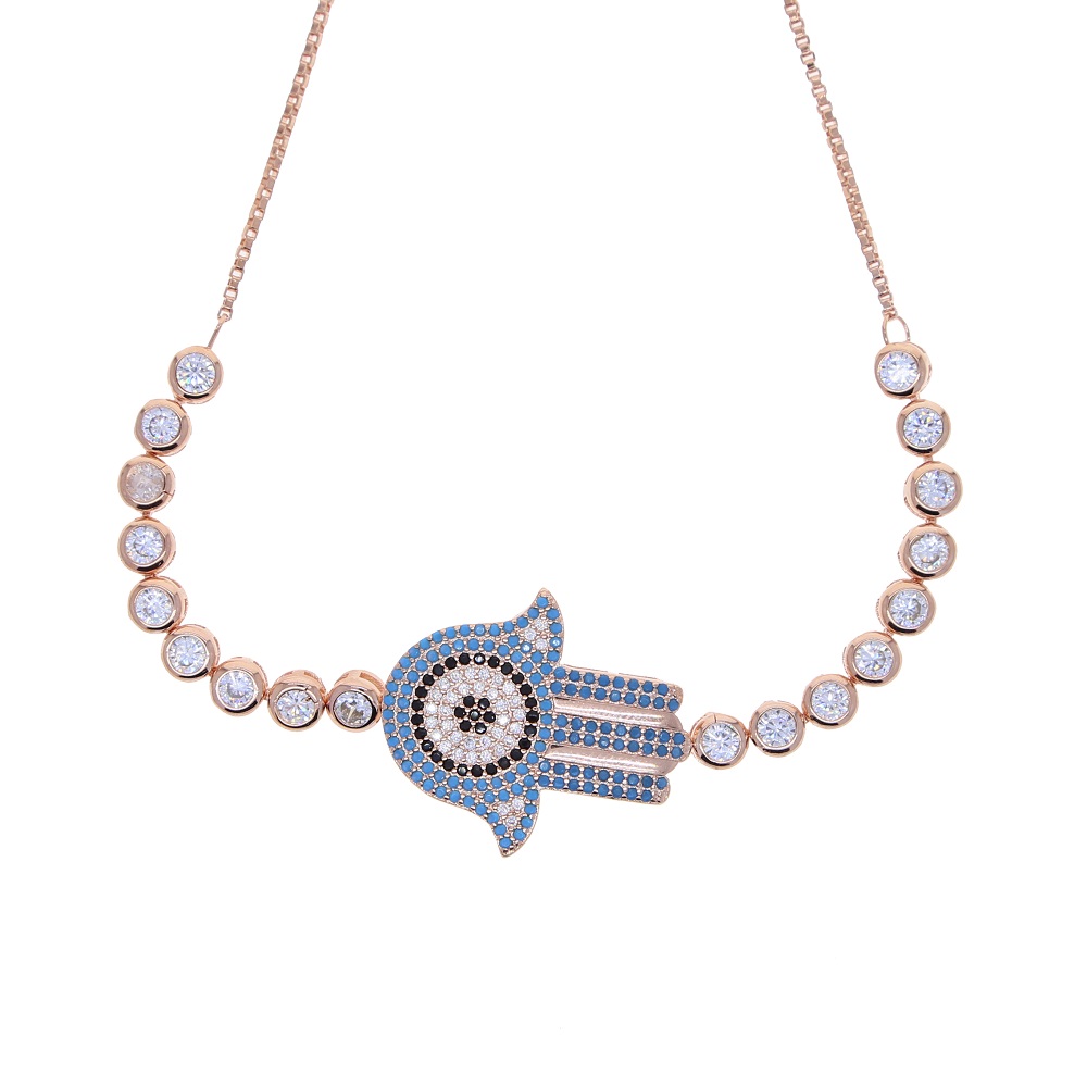 New Rose Gold Color Blue Purple CZ paved Turquoises Stone Adjust Tennis chain bracelet for women Lucky Hamsa Hand Bracelet Wholesale