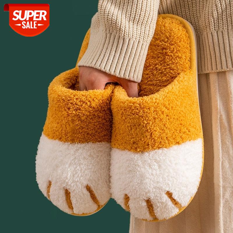 Couple Home Slippers 2020 Winter Cute Cat Paw Warm Women Slippers Indoor Furry Soft Comfortable Plush Warm Female Slide #Lb88, Black