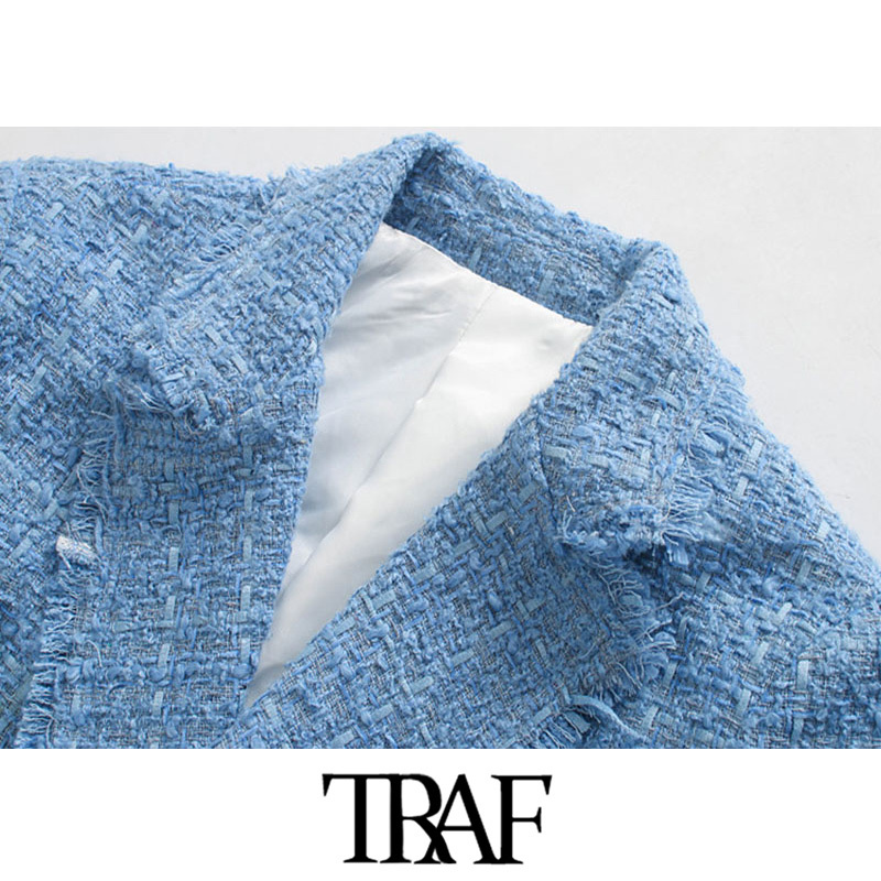 TRAF Women Fashion Office Wear Double Breasted Tweed Blazer Coat Vintage Long Sleeve Frayed Female Outerwear Chic Tops 201106