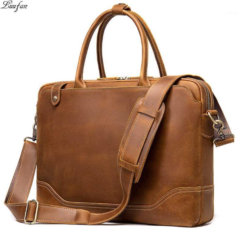 

Luufan Vintage Crazy Horse Leather Men's Briefcase 14" Laptop Bag Genuine Leather Business Handbag Shoulder Bag Male Work Tote1, Brown2