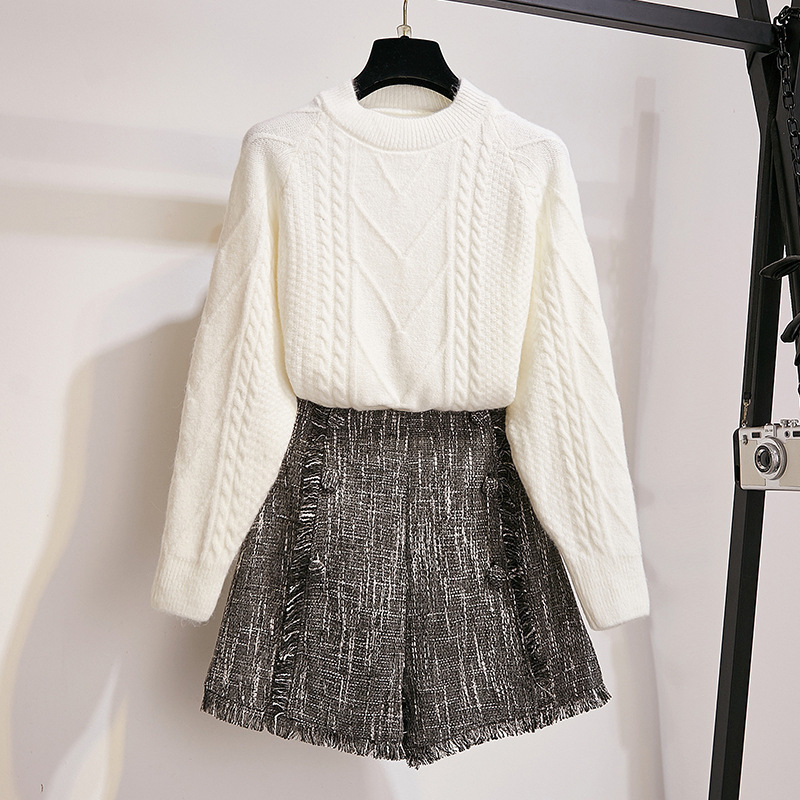 ICHOIX winter knitted sweater 2 piece set women shorts set Korean style warm 2 piece outfits elegant student 2 pcs set clothing T200325