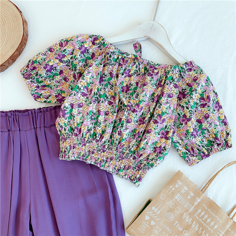 Girls' summer suit one shoulder chiffon foam sleeve Floral Top + wide leg pants two piece girls' clothing 2-8 years oldX1019