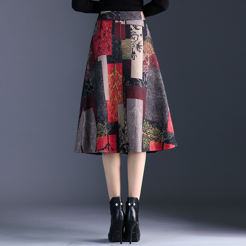 Plus Size High Waist Mid Thicken Woolen Skirt Women Autumn Winter ALine Wool Skirt Female Red Print Pocket Lady Skirt T200324