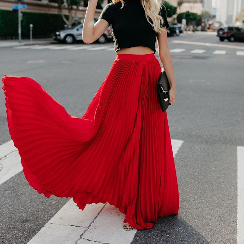 Pleated Chiffon High Waist Women's Maxi Skirts Floor Length Solid Long Skirt Ladies Loose Green Black Red Bottoms Female T200106