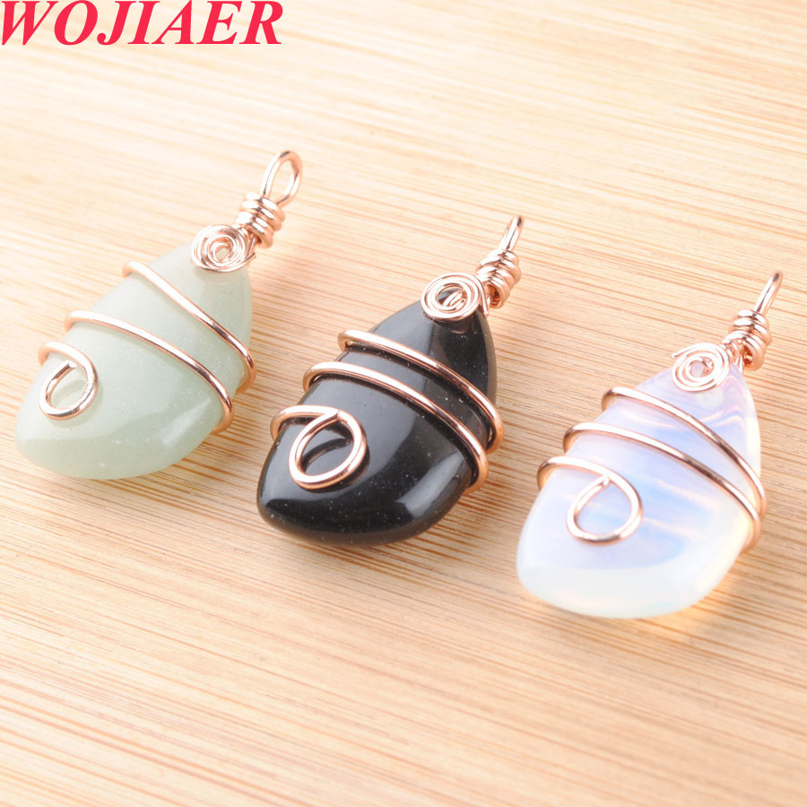 WOJIAER Natural Stone Copper Wire Wrap Pendant Irregular Bead Rose Gold Necklace for Women Men Reiki Healing Jewelry Gift DBO915