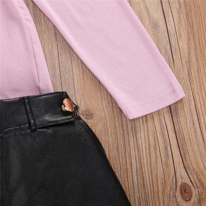 2020 New Kids Baby Girls Long Sleeve Tops + Short Leather Skirt Simple Solid Color Style Fold Decoration Spring ClothingX1019