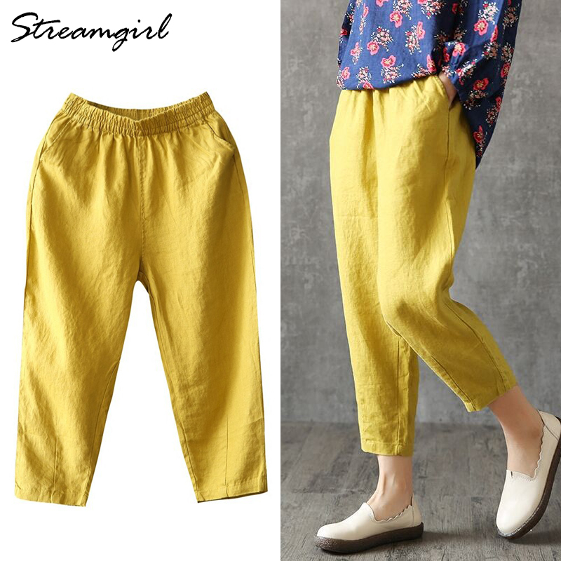 Vintage Women Linen Pants Plus Size 2019 Summer Pant Capris Loose Thin Fabric Linen Cotton Pant Solid Color Harem Pants Women T200319