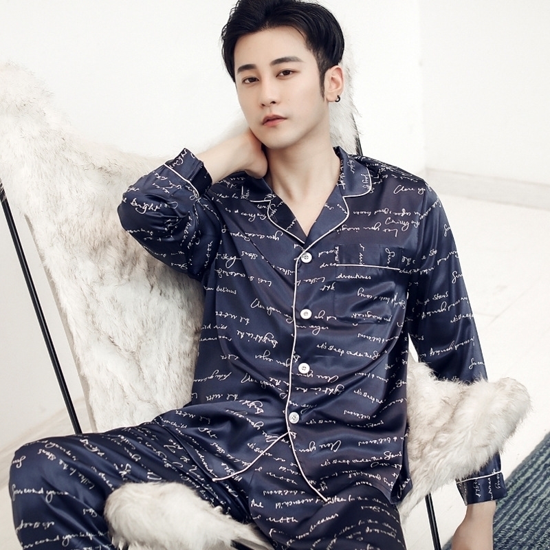 Silk Pyjama Set Men Sleepwear Satin Pajamas Unit Autumn Spring Home Suit Printed Lounge Pants Nightgown Sleep Clothes XXXL 201109