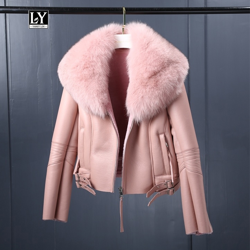 Ly Varey Lin Women Winter Faux Sheepskin Coat Short Faux Lambs Wool Fur Collar Leather jacket Warm Thick Female Zipper Outerwear 201020