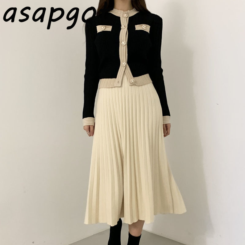 Chic French Autumn Winter New Women's Set 2 Pieces O Neck Full Slim Knitted Sweater Cardigan Coat Knitted Pleated Skirt Retro 201031