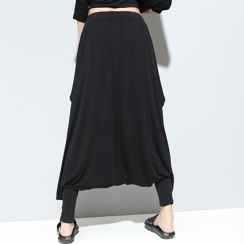 EAM Spring Autumn High Elastic Waist Black Big Size Brief Loose Cross-pants Women Trousers Fashion JL3 201228