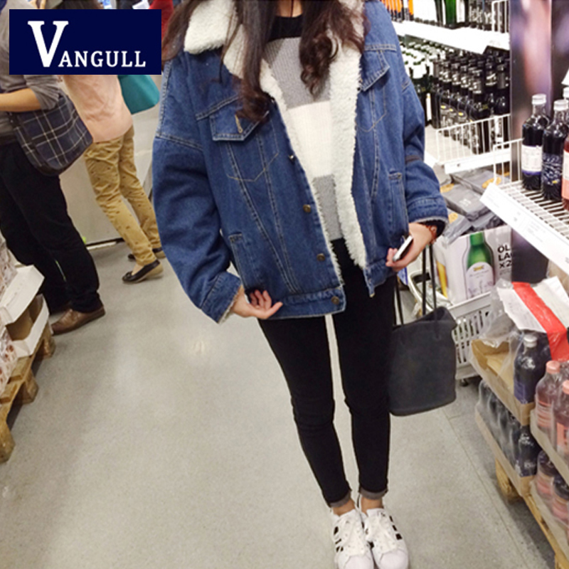 Winter Jacket Coat Women Fleece Liner Denim Bomber Jackets Retro Thick Autumn Elegant Fashion Autumn Coats VANGULL New 201023
