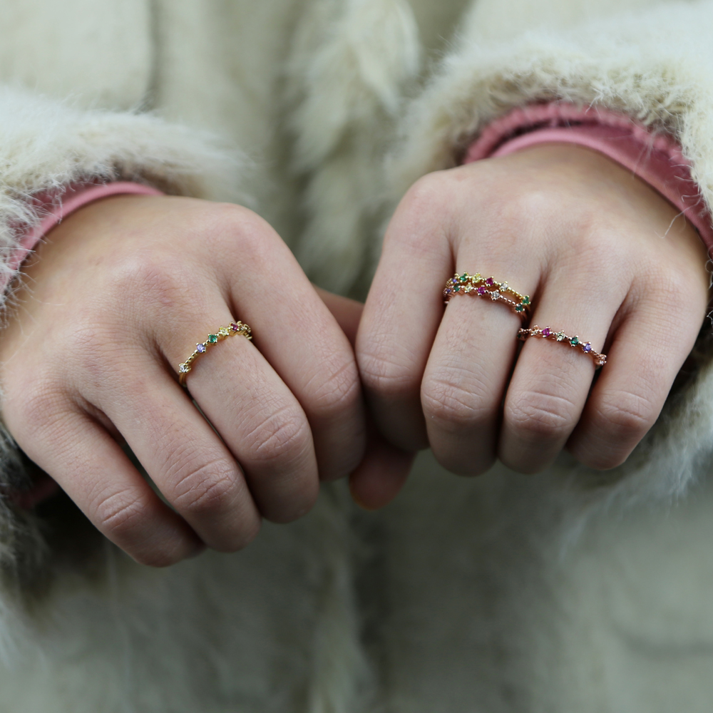 Top quality Fashion sweet stackable ring with shiny rainbow cubic zircon for girl women delicate minimal colorful cz dainty ring