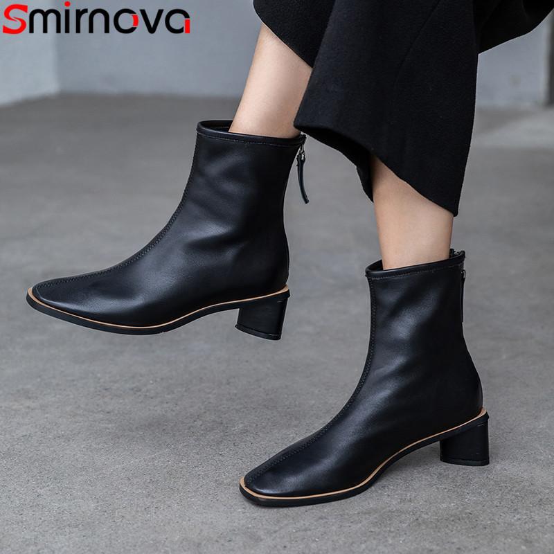 Smirnova size 34-41 new ankle boots for women square toe zip genuine leather boots classic thick heels shoes autumn winter, Beige