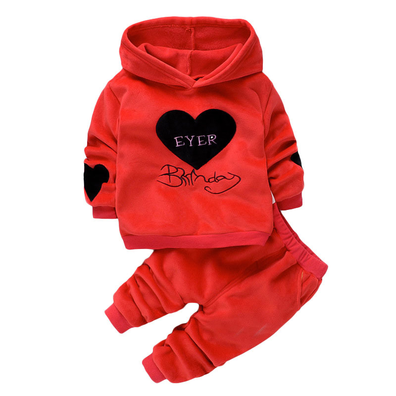 Spring Autumn Baby Girl Clothing Set Kids Tracksuit Plus velvet Hooded Printed T-shirt+Casual Pants 2PCS Children Clothes SuitX1019