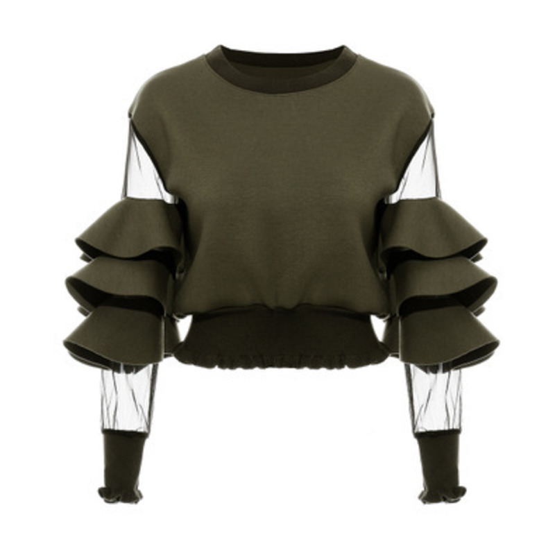 TWOTWINSTYLE Patchwork Mesh Perspective Short Female Sweatshirt For Women Top Pullovers Loose Black Autumn Top Clothes New 2020 MX200812