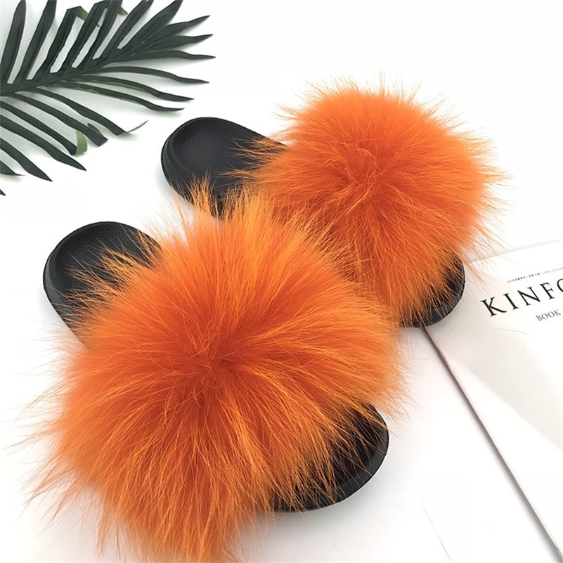 Real Raccoon Fur Slippers Women Sliders Casual Fox Hair Flat Fluffy Fashion Home Summer Big Size 45 Furry Flip Flops Shoes Y200423