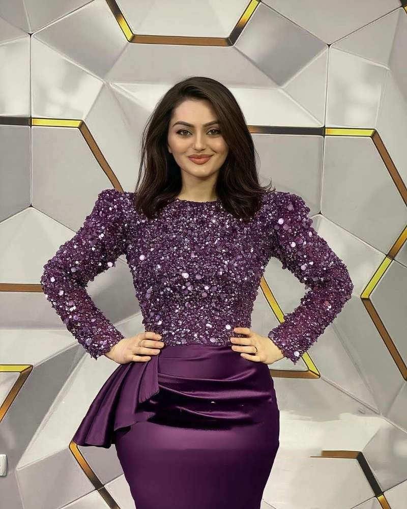 Glitter Purple Sequined Evening Dresses For Women 2022 Elegant Long Sleeves Mermaid Formal Event Gowns Crew Neck Satin Special Occasion Dresses Prom P