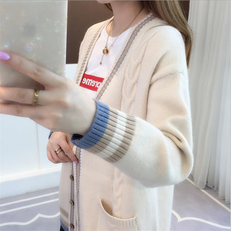 Knit Cardigan New Women's Spring And Autumn Jacket Chic Loose Striped Pockets Long Sweater Women's 201023