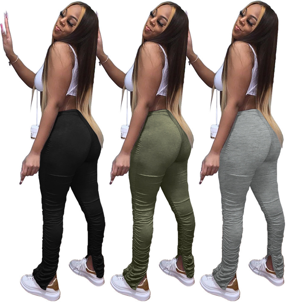 Distressed Women Flare Pants Joggers High Waist Pleated Trousers Stacked Sweatpants New Fitness Ruched Pants Hole Sport Leggings T200516