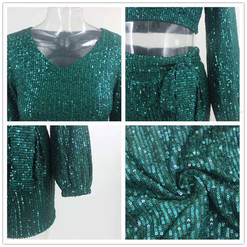 Ceremokiss Sequin Outfits Two Piece Set Women Sparkle Glitter V Neck Crop Top Shorts Autumn Sexy Bandage Puff Sleeve Club Sets T200325
