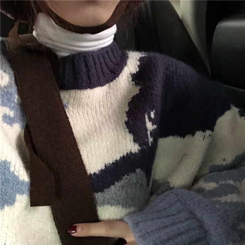 Woherb Contrast Color Print Sweater Women Pullover Autumn Winter Korean Thick Long Sleeve Knit Jumper ONeck Warm Sweaters 201017
