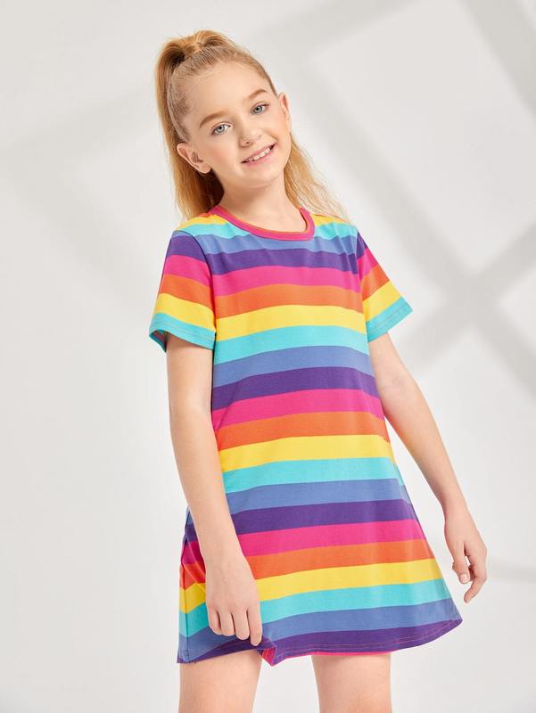 Girls Rainbow Striped Tee Dress SHE