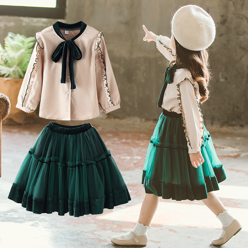 Fashion Princess Clothing Set Girls Bow Blouse and Solid Lace Skirt Two Piece Girl Set Spring Autumn School Teenage Skirt Sets LJ200916