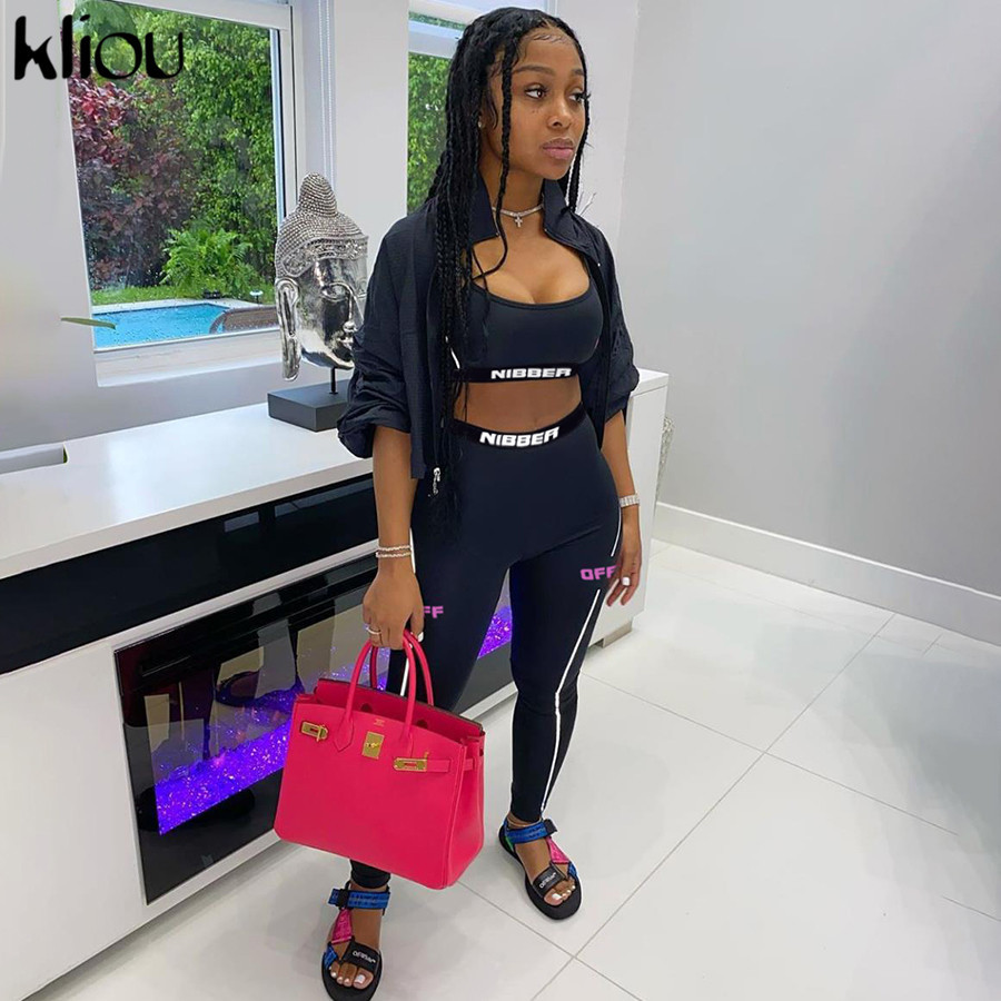 Kliou letter print tracksuit women fitness casual two piece set sporty sleeveless tank topstriped leggings fashion active wear T200826