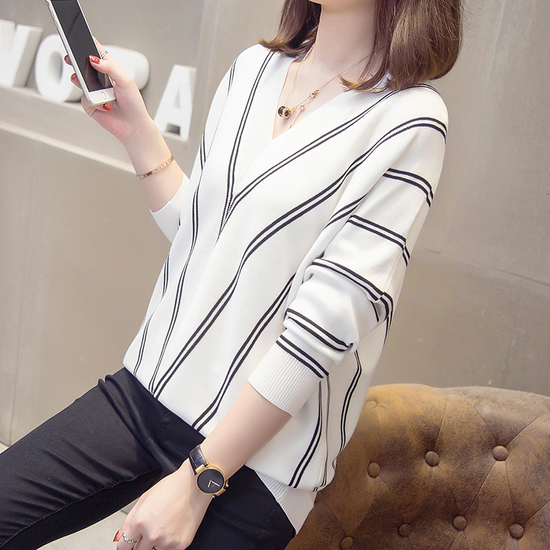 Plus Size Classic Striped Pullovers Woman Autumn Winter Loose Vneck Knit Sweaters Oversize Batwing Sleeve Jumpers Knitwear 201017