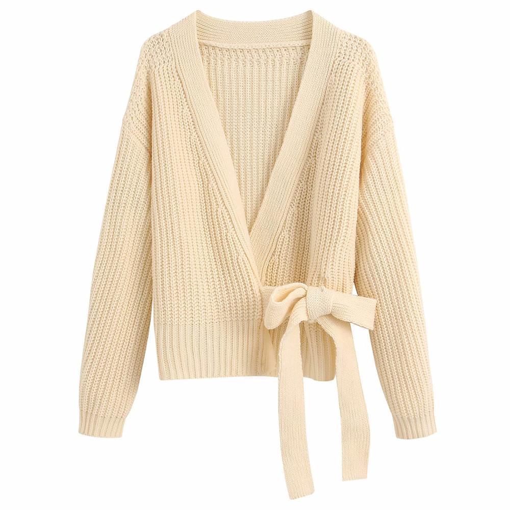 New Women Sweater Gray Beige Pink Solid Kinitted Cardigan Sashes V-Neck Sweater Casual Loose Style Female Clothes 201111wtt