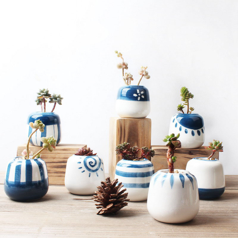 8Pcs/Set Classic Blue and White Ceramic Flower Pots for Succulent Plant Oriental Style Planter Home Garden Office Decoration Y200723