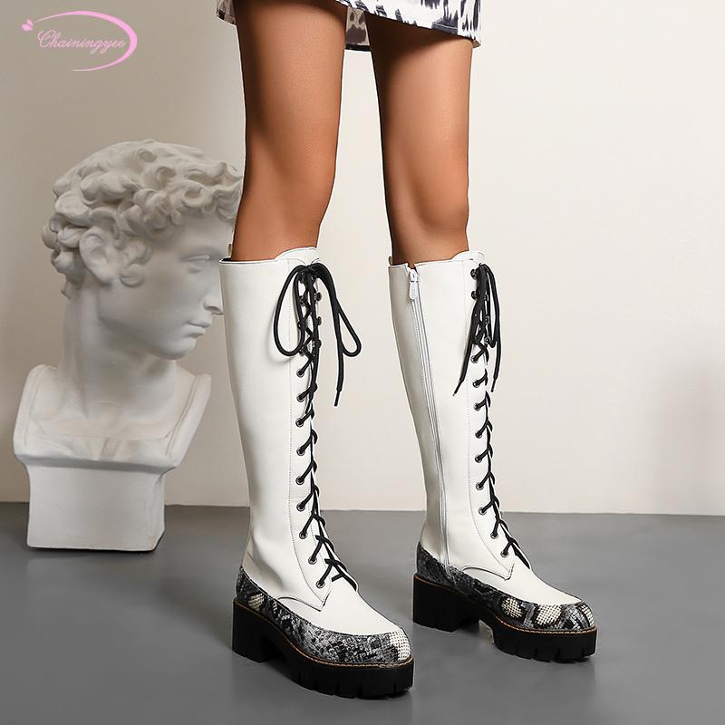Party style round toe knee high boots lace-up color matching serpentine platform middle heel thick riding boots women's shoes, Black
Party style round toe knee high boots lace-up color matching serpentine platform middle heel thick riding boots women's shoes, Black