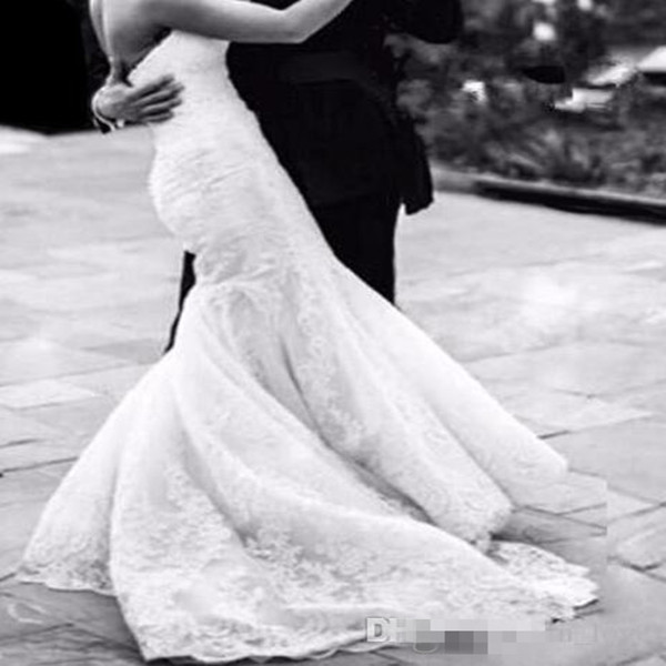 Design Elegant Simple Long Mermaid Wedding Dresses Strapless Full Lace Sweep Train Bridal Gowns Custom Size Fashion 322