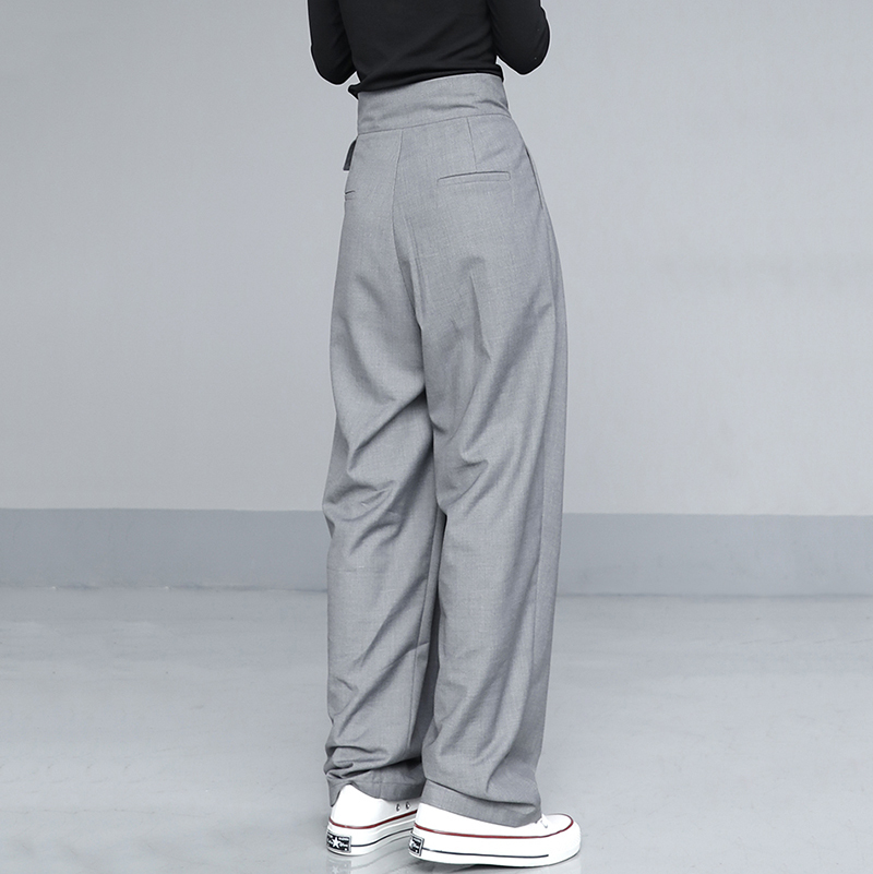 [EAM] High Waist Pleated Gray Brief Long Wide Leg Trousers New Loose Fit Pants Women Fashion Tide Spring Autumn 1T735 201031