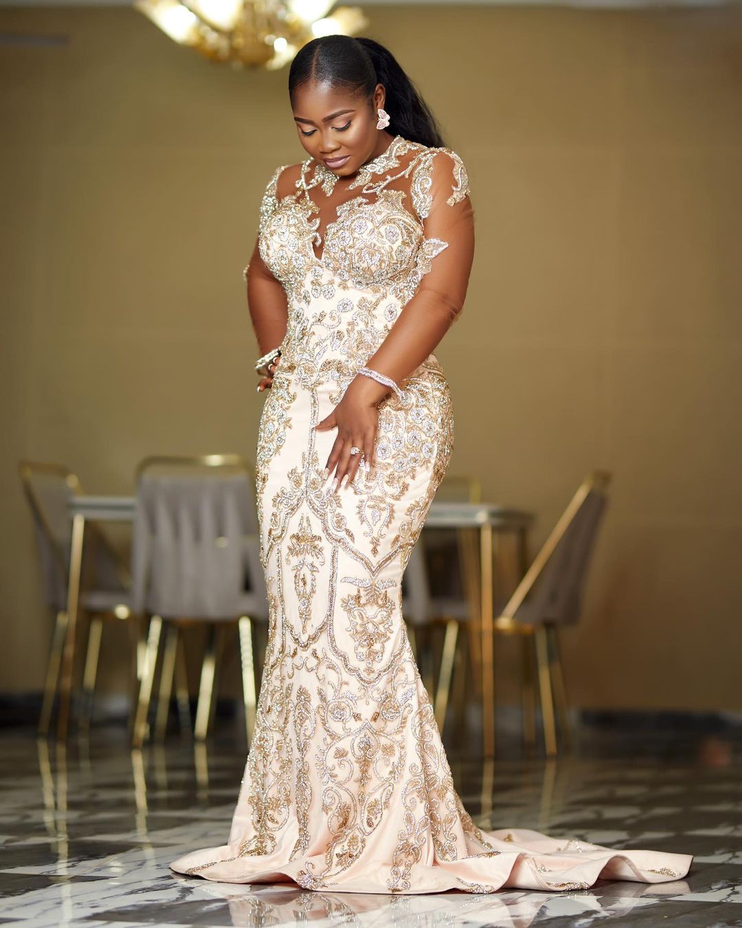 2022 Plus Size Arabic Aso Ebi Gold Luxurious Mermaid Prom Dresses Lace Beaded Evening Formal Party Second Reception Birthday Engagement Gowns Dress ZJ