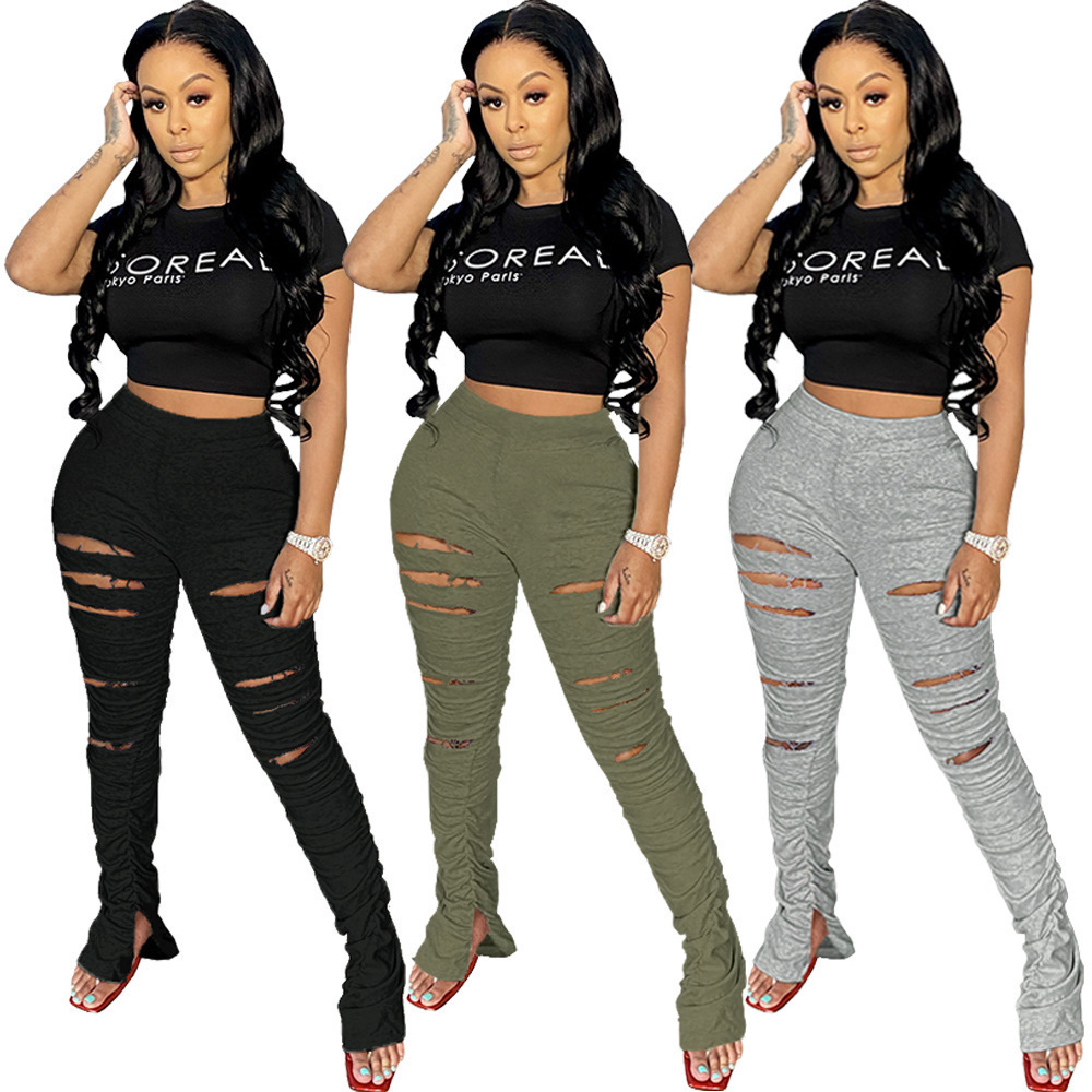 Distressed Women Flare Pants Joggers High Waist Pleated Trousers Stacked Sweatpants New Fitness Ruched Pants Hole Sport Leggings T200516
