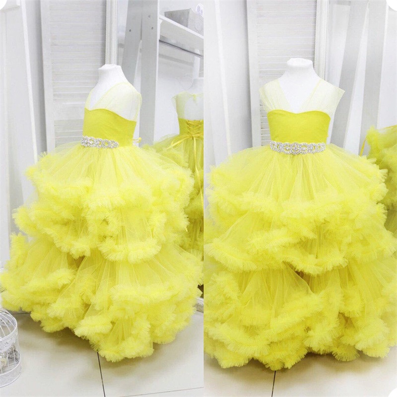 Yellow Bright Flower Girls Dresses Sleeveless Tiered Lace Appliqued Crystal First Communion Dress Custom Made Sweep Train Kids Formal Wear