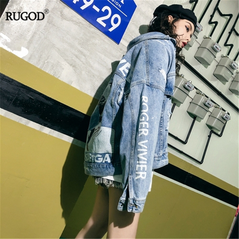 RUGOD New Women Loose Denim Jacket Back Character Letter Print Punk Style Oversize Coat Chic Korean vintage Jean Jacket 201106