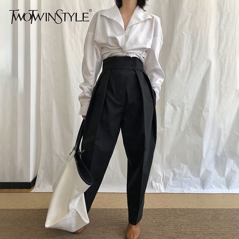 TWOTWINSTYLE Ruched Women's Trousers Elastic High Waist Pocket Loose Harem Long Pants Female Autumn Streetwear Fashion New 201106