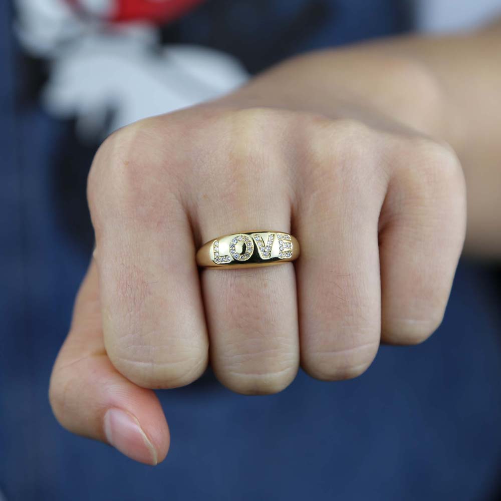 Wide Band Gold Color Wedding Ring with Cz Paved Letter Love Engraved Wholesale Women Open Band Finger Ring Adjustable Size