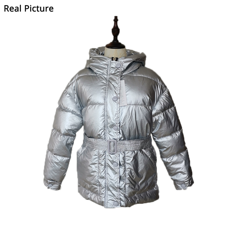 Glossy Silver Winter Jacket Women with Belt Cotton Padded Bomber Hooded Puffer Coat Abrigos Mujer Invierno 201026
